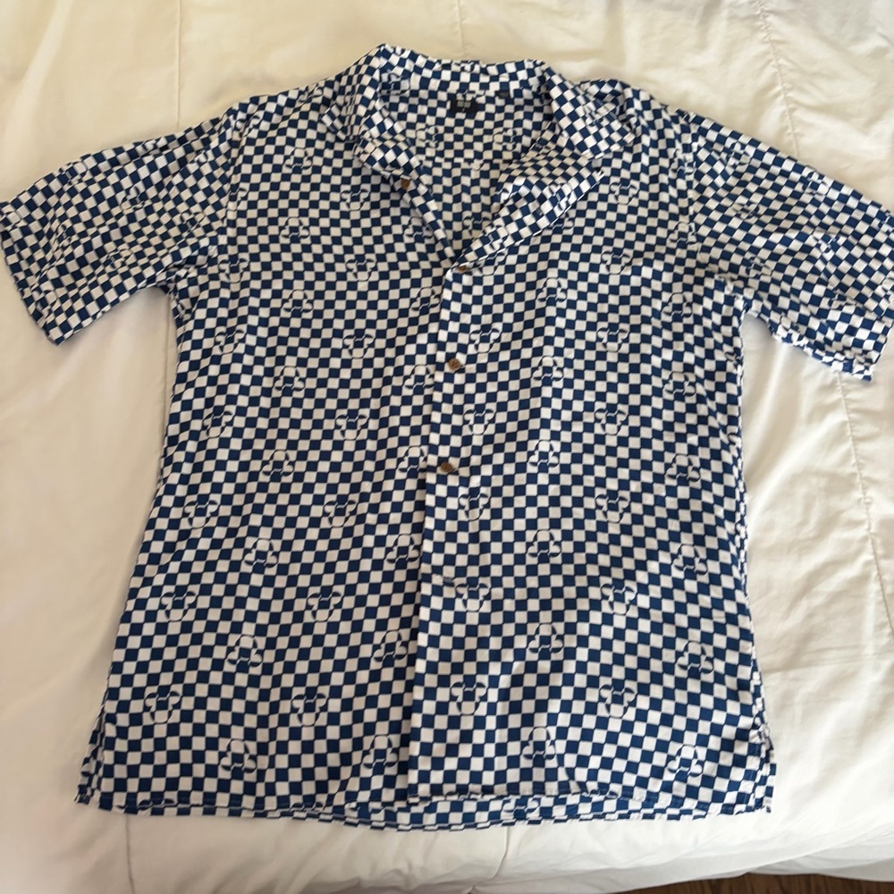 Uniqlo Disney Mickey Blue and white Checkered Short Sleeve button down Shirt